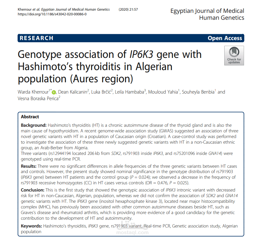 Genotype association of IP6K3 gene with Hashimoto’s thyroiditis in Algerian population (Aures region)