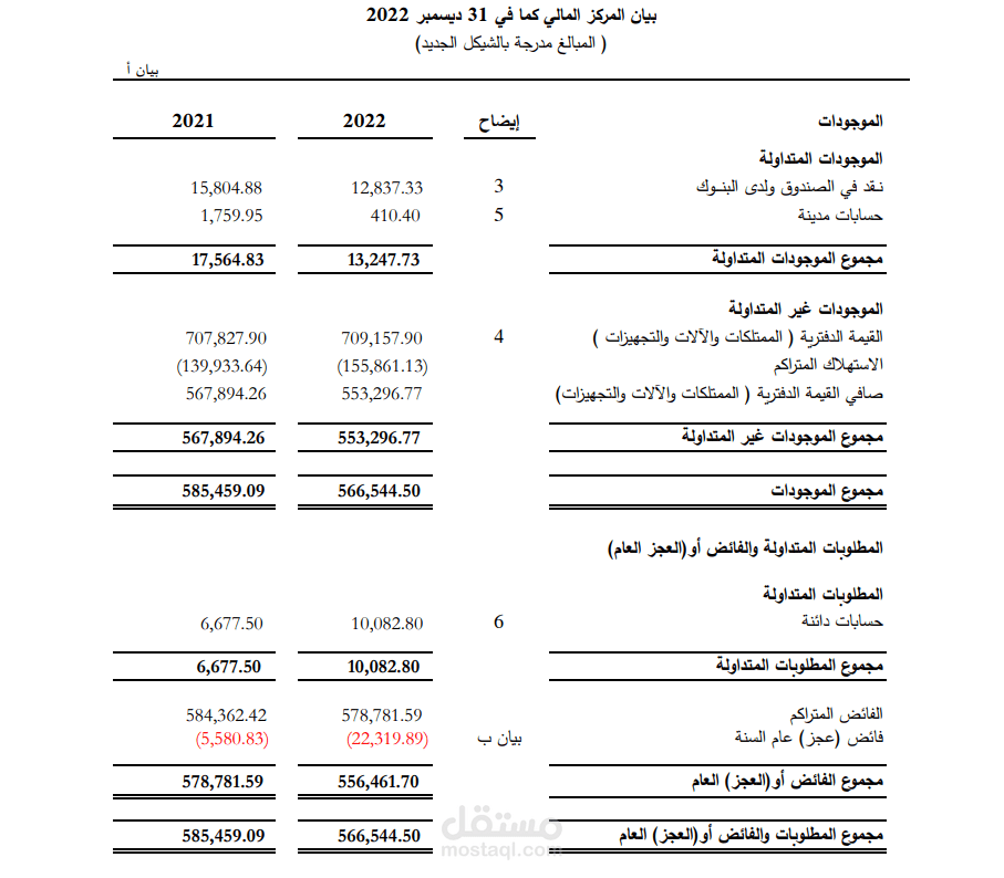 بيان المركز المالي لجمعية غير ربحية