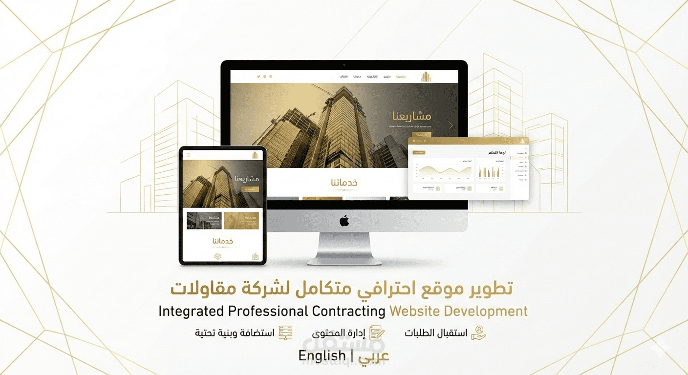 موقع ويب Full-Stack لإدارة وعرض أعمال شركة مقاولات مع لوحة تحكم واستقبال الطلبات