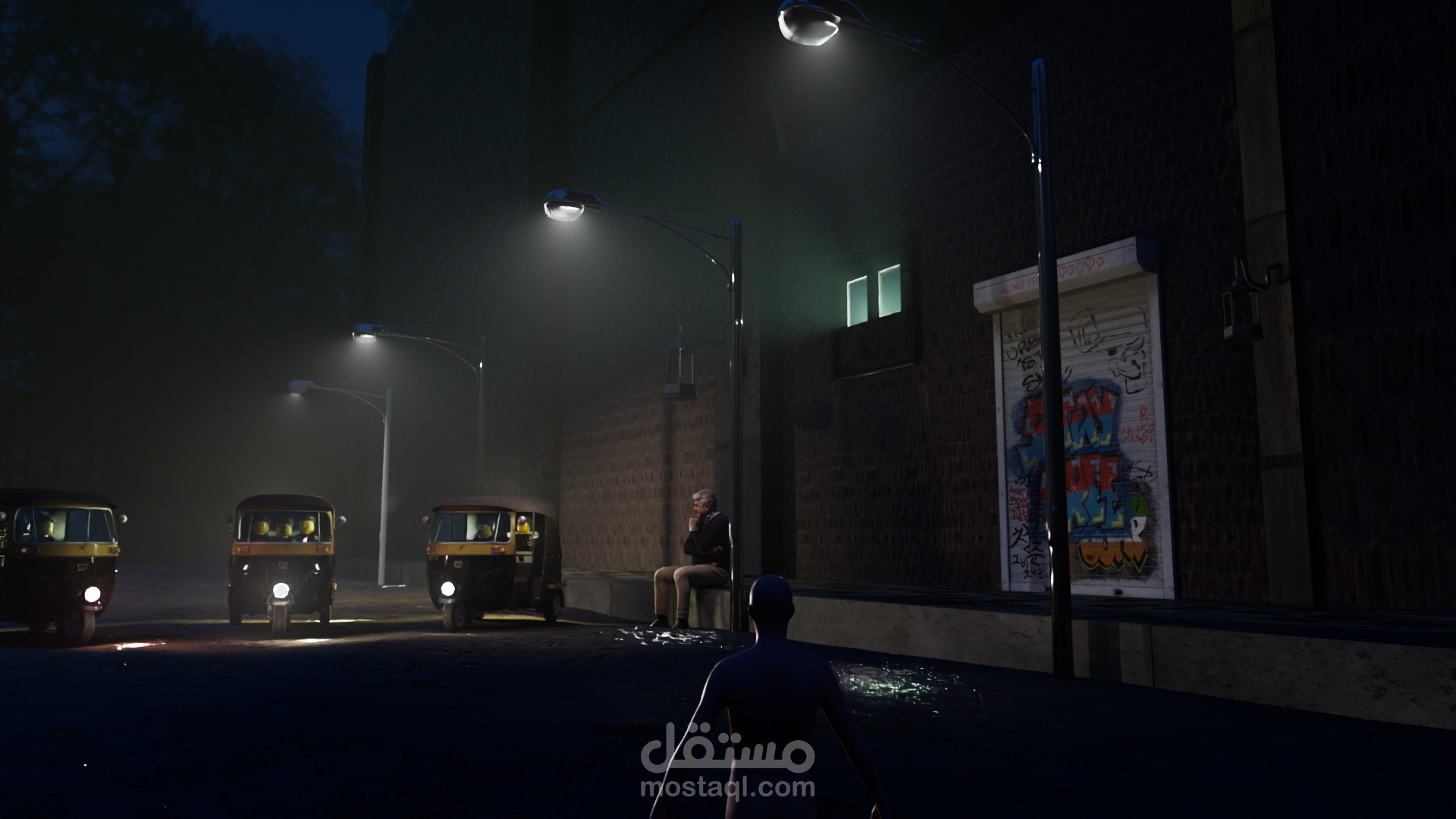 تصميم مشهد ثلاثي الأبعاد 3D واقعي لشارع ليلي