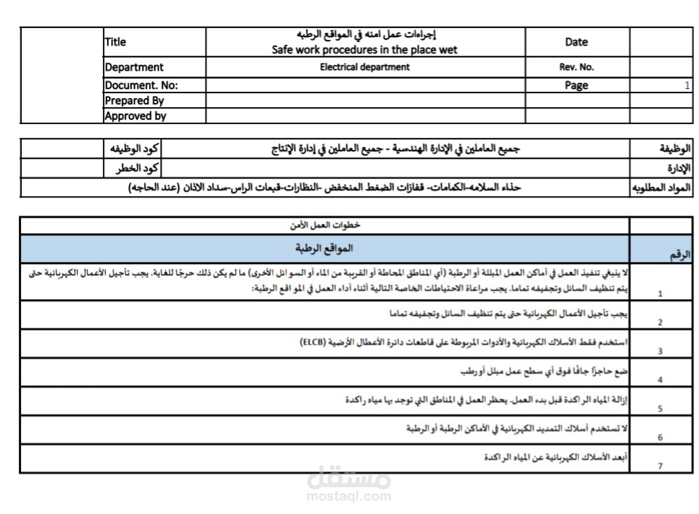 تعليمات العمل الامن في الاماكن الرطبة