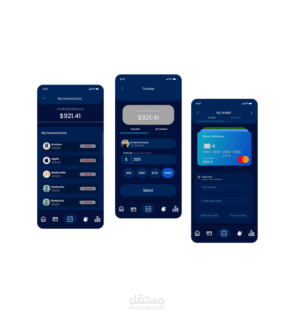 تصميم UI/UX لتطبيق محفظة