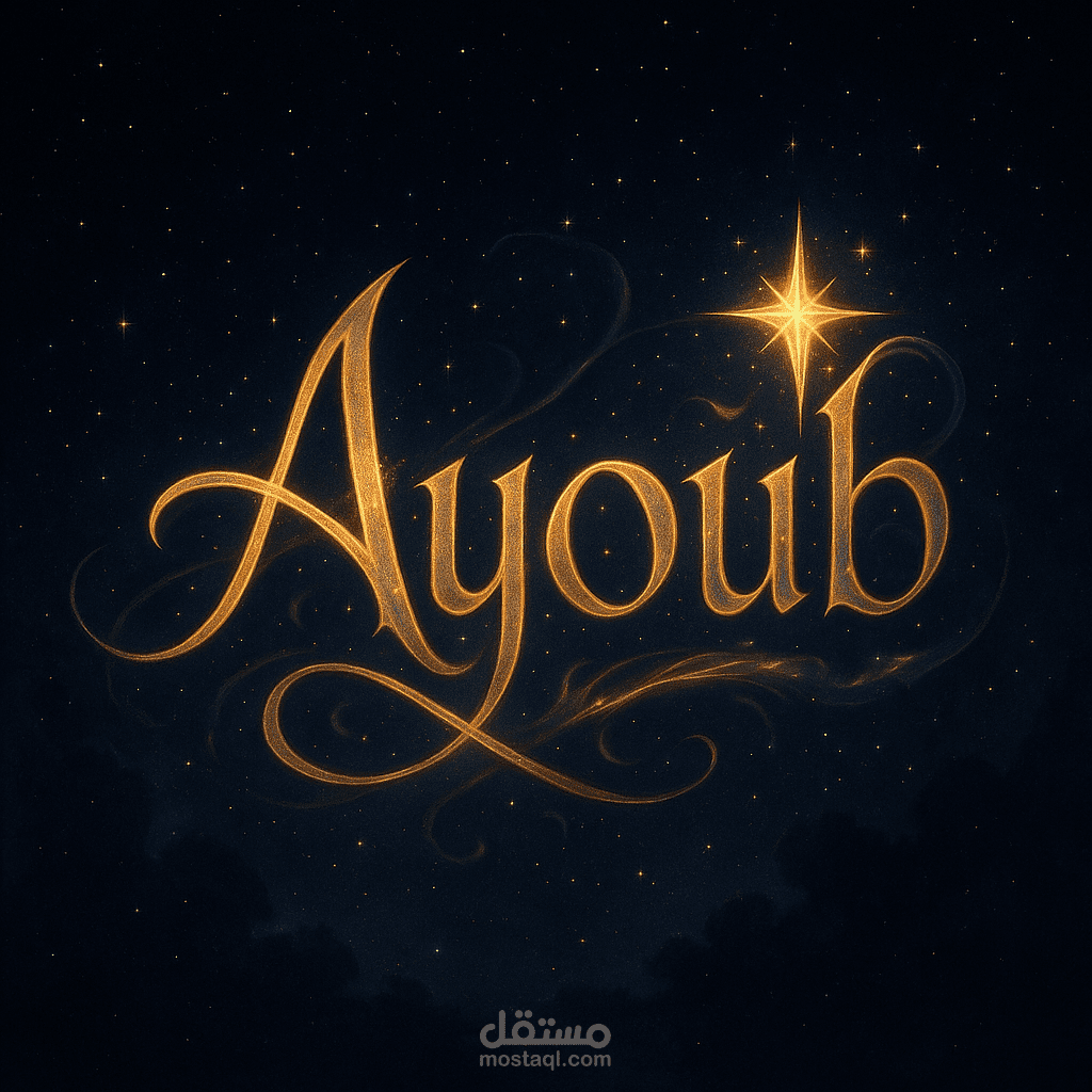 تصميم ساحر يحمل اسم "Ayoub" بخط ذهبي متوهج وسط سماء مرصعة بالنجوم، يوحي بالأمل والتميّز.