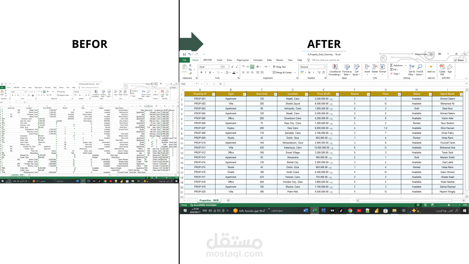 مشروع يوضح عملية تنظيف ومعالجة البيانات داخل EXCEL وتجهيزها للأستخدام والتحليل