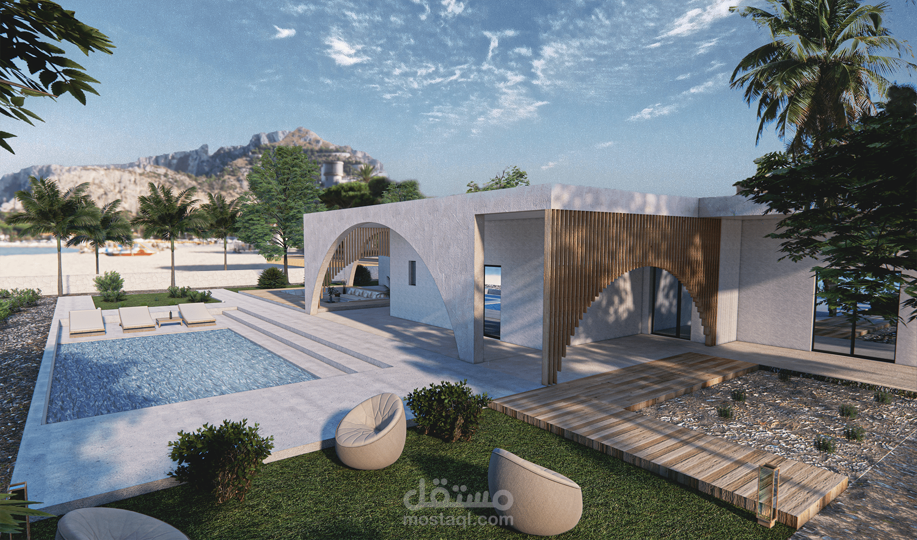 تصميم خارجي لفيلا دور واحد على الشاطى