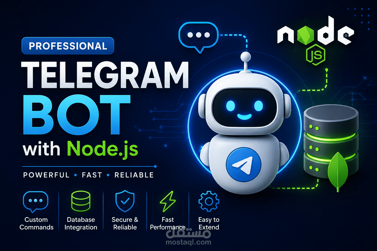 سأقوم بتطوير Telegram Bot احترافي باستخدام Node.js وربطه بقاعدة البيانات