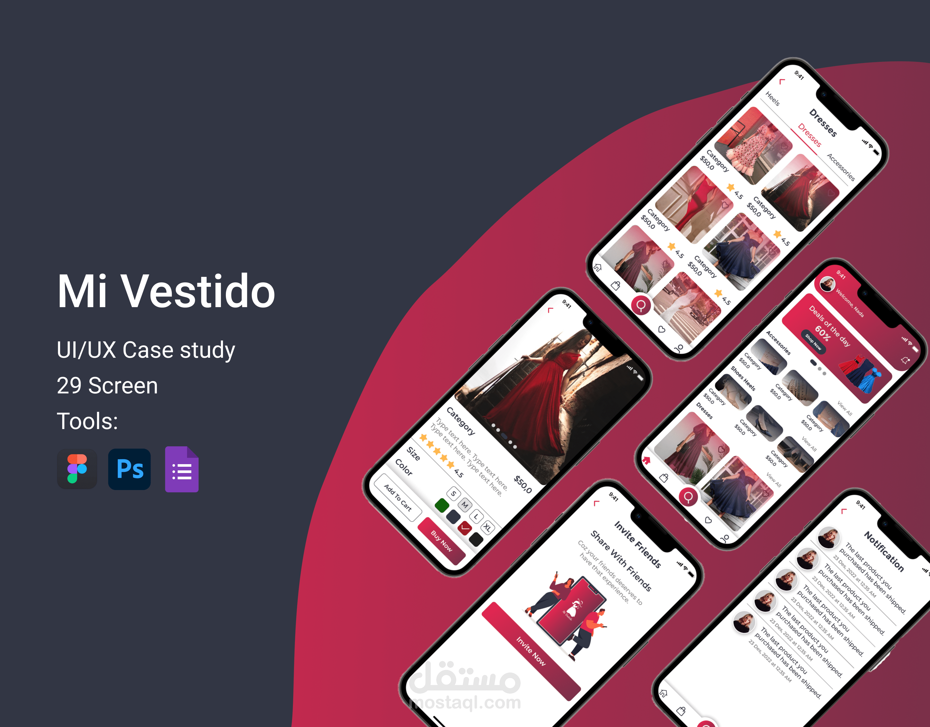 تصميم UI/UX لتطبيق Mi Vestido لإيجار وشراء الفساتين