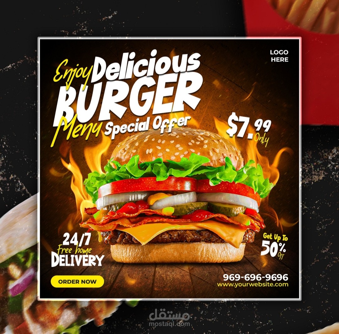 تصميم اعلان سوشيال ميديا لمطعم delicious burger
