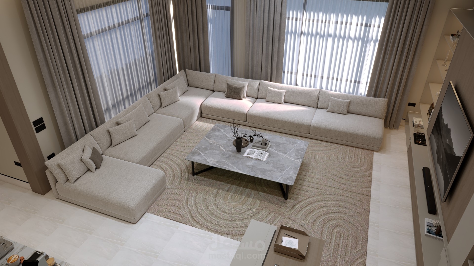 تصميم صالة عائلية مع كوفي كورنر ومكتب في دور الملحق