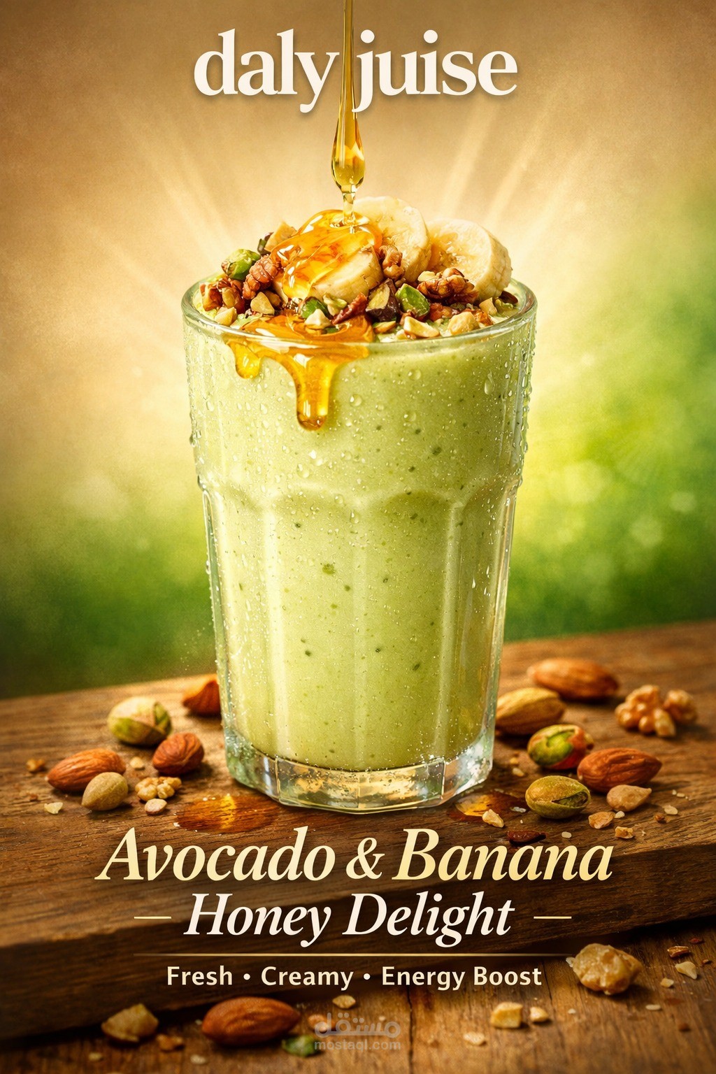 تصميم بوستر إعلاني لمنتج عصير طبيعي - Avocado & Banana Honey Delight