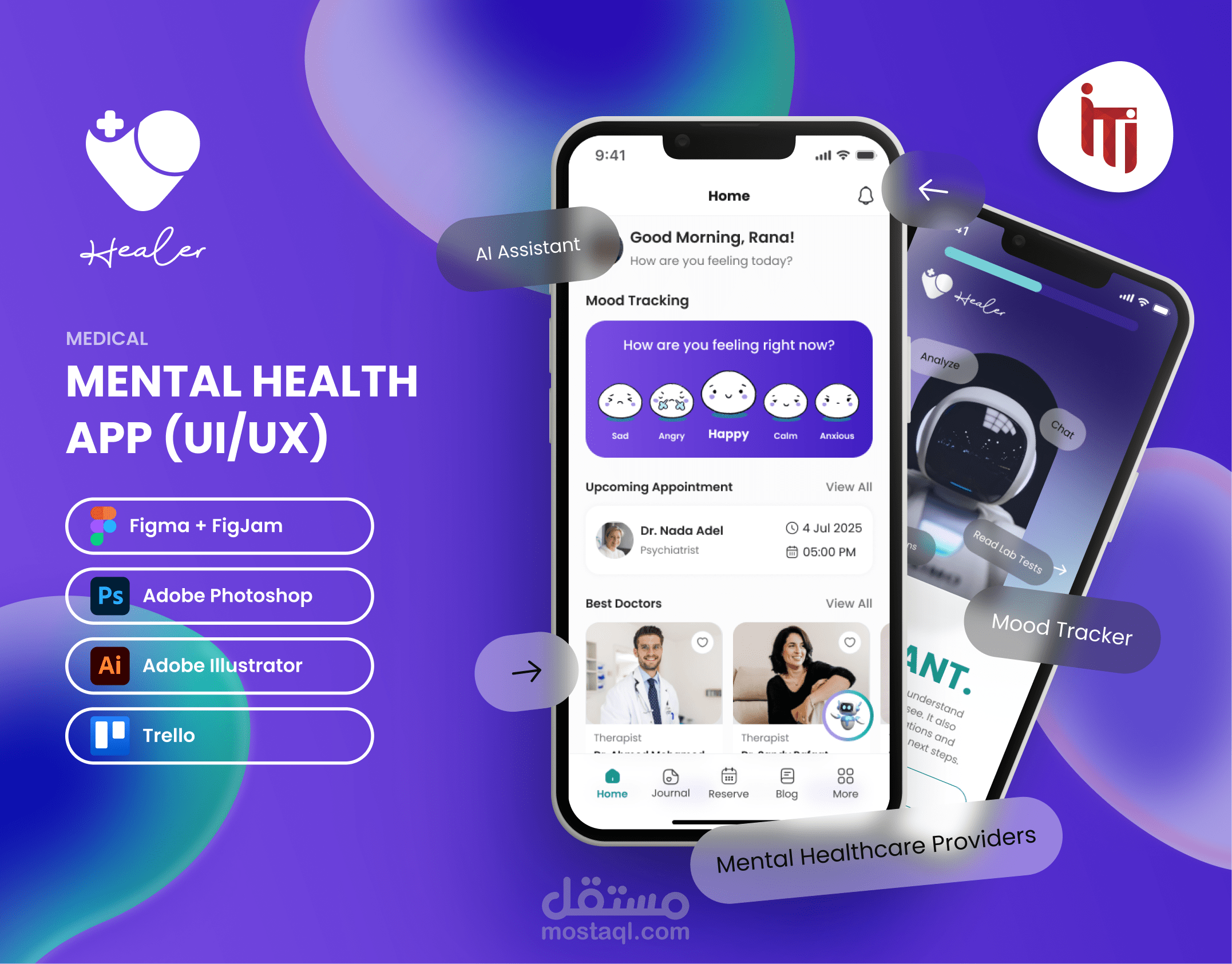 تصميم تجربة و واجهة المستخدم UI/UX - تصميم تطبيق و صفحة هبوط لتطبيق Healer للصحة النفسية