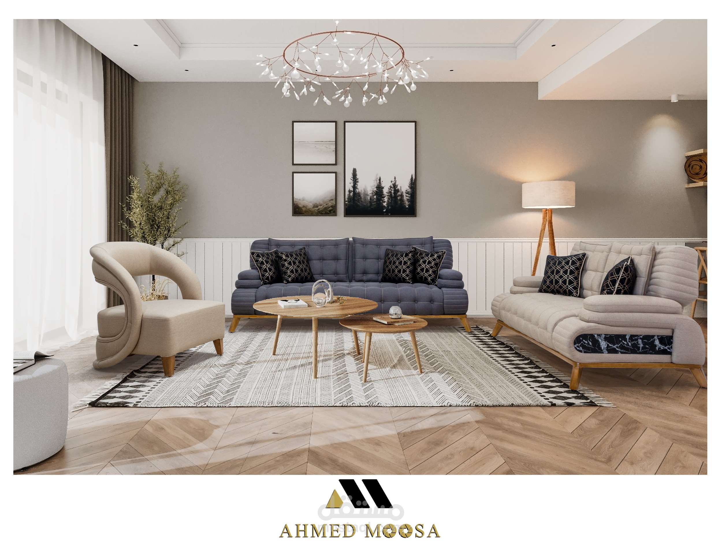 تصميم داخلي لغرفة معيشة بأسلوب معاصر مع لمسات اسكندنافية