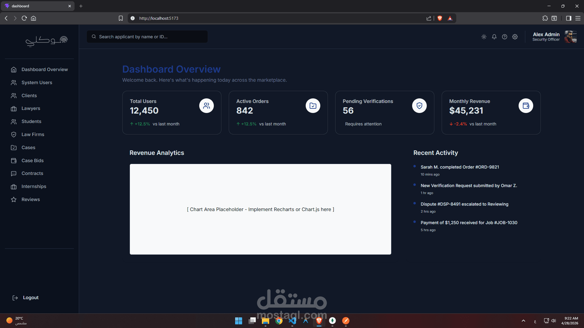 لوحة تحكم لمنصة خدمات قانونية وتدريب (Legal Tech Dashboard)