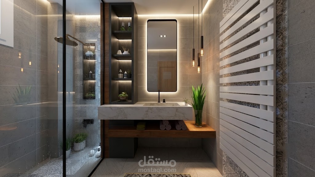 تصميم داخلي وإظهار معماري لحمام فاخر بأسلوب مودرن (Modern Bathroom Interior Design & 3D Visualization)