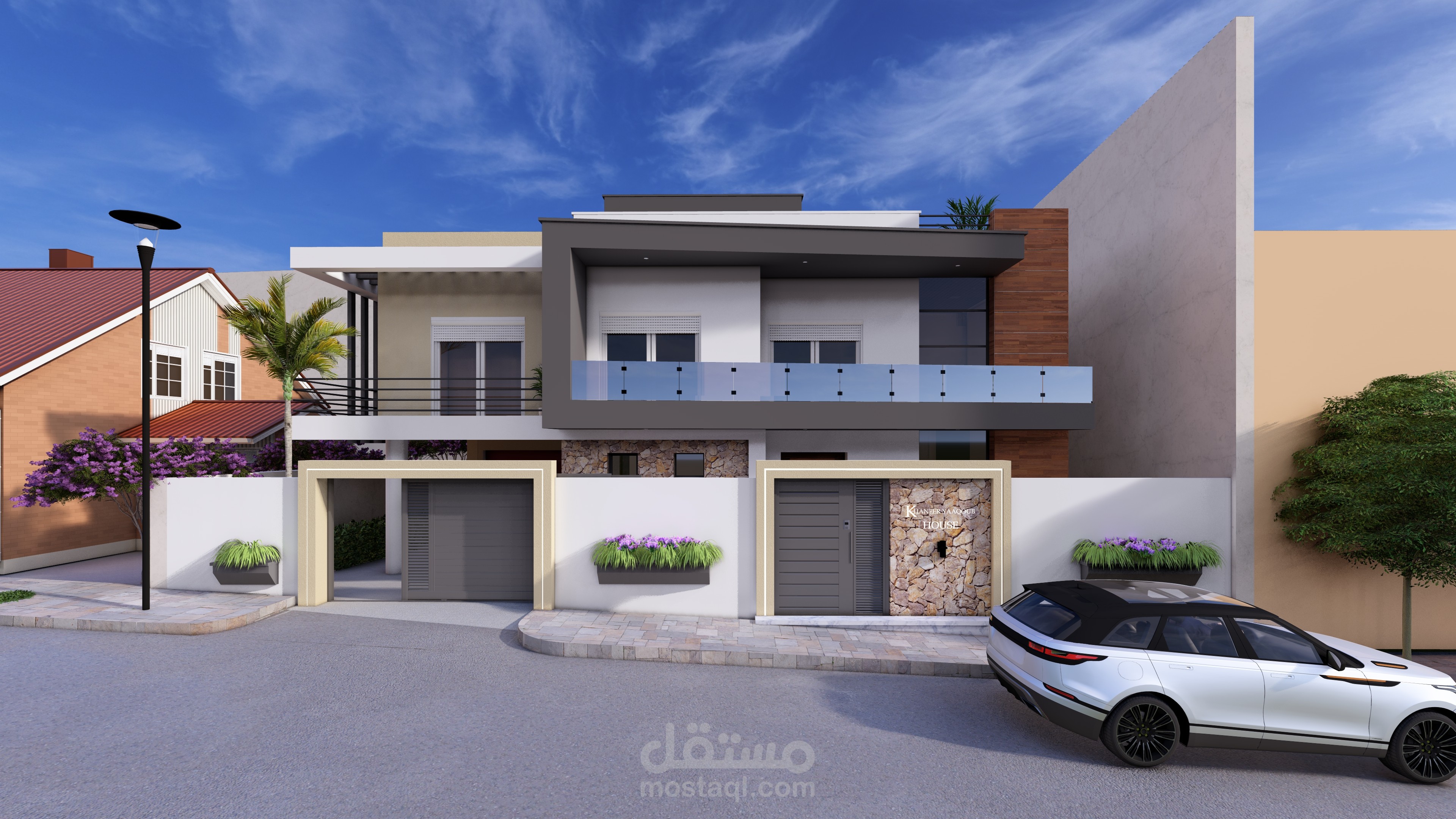 تصميم ودراسة معمارية لفيلا سكنية مودرن (إظهار خارجي، مداخل، والمرآب)