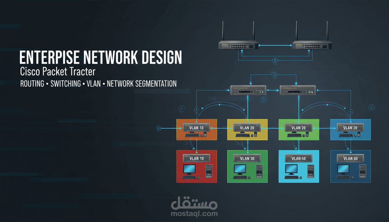 تصميم وتنفيذ ومحاكاة شبكة مؤسسية باستخدام Cisco Packet Tracer، مع التركيز على تقسيم الشبكة وتحسين تنظيم الاتصال بين المستخدمين والأقسام المختلفة.