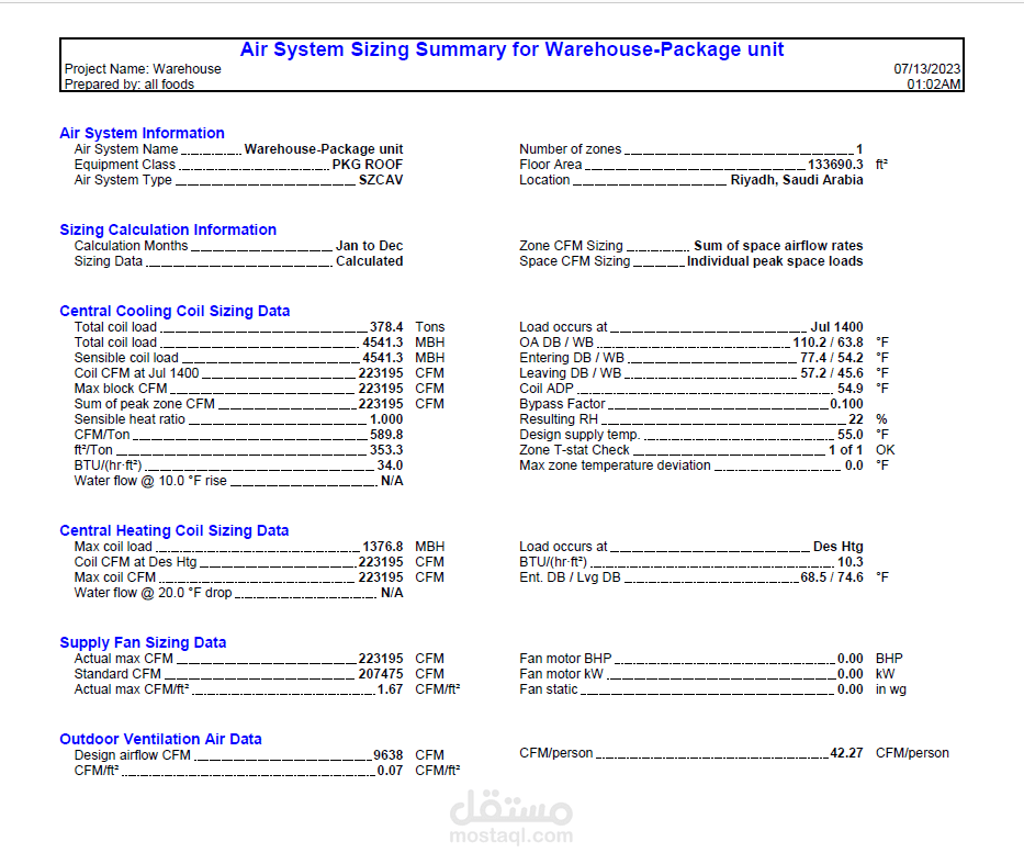 حساب الأحمال الحرارية لمستودع بمدنة الرياض بالسعودية