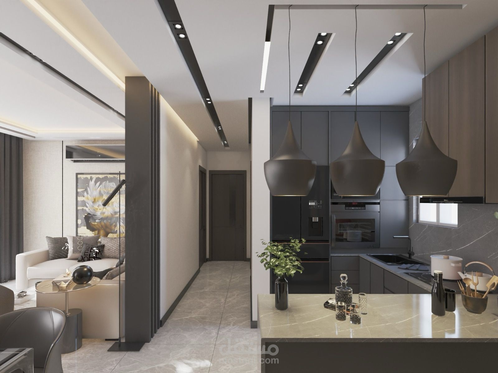 تصميم مينيماليست لصالة و مطبخ