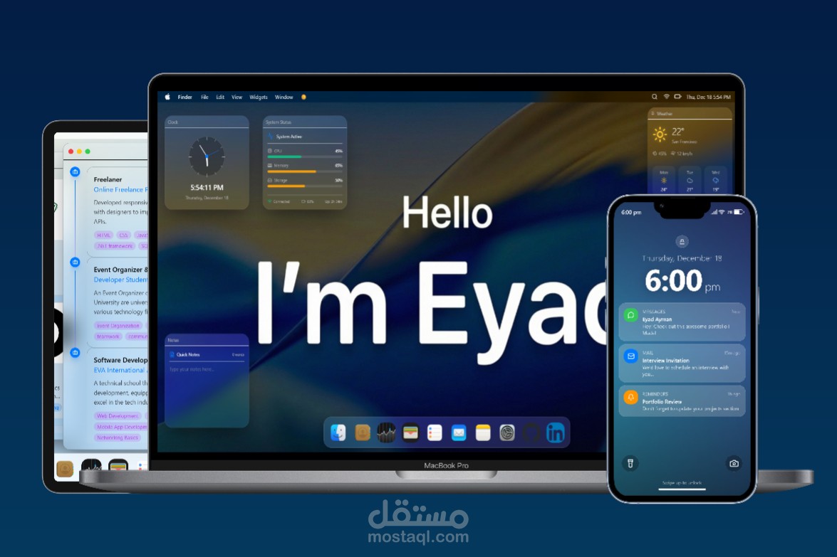 تصميم وتطوير بورتفوليو شخصي بواجهة تحاكي أجهزة Apple، مع نسخة Desktop في MacBook وMobile في iPhone. الموقع متجاوب وسريع، يعرض المهارات والمشاريع بطريقة منظمة، مع تركيز على تجربة المستخدم ونظافة الكود.
