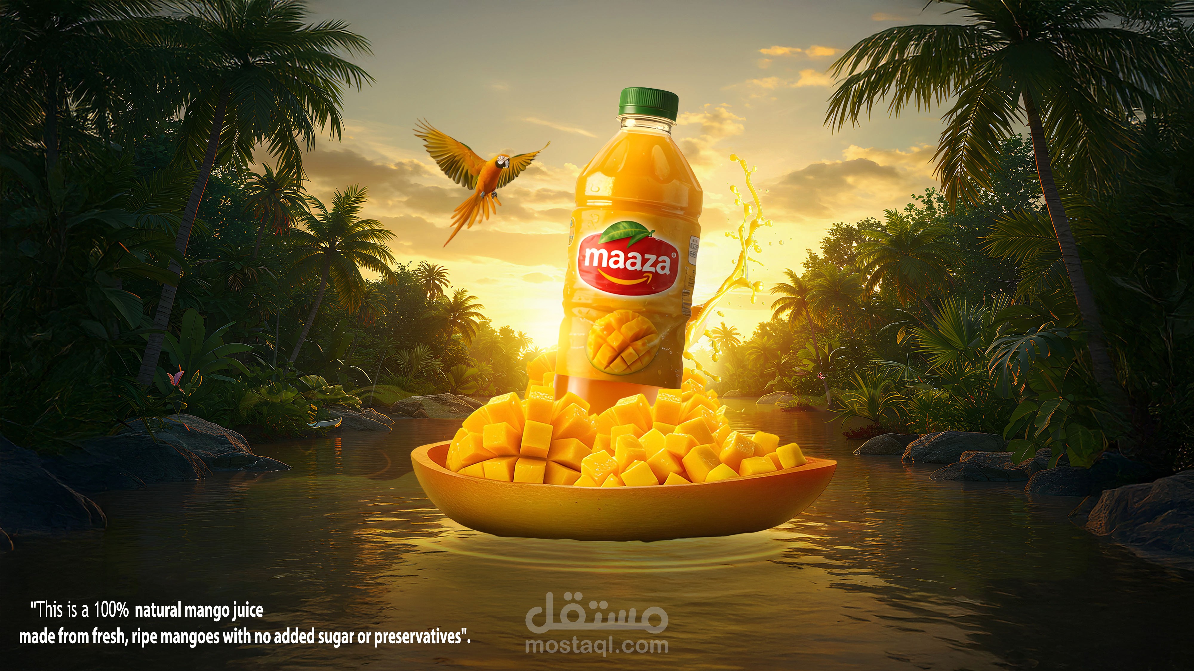 إعلان عصير مانجو في غابة على قارب مع ببغاء