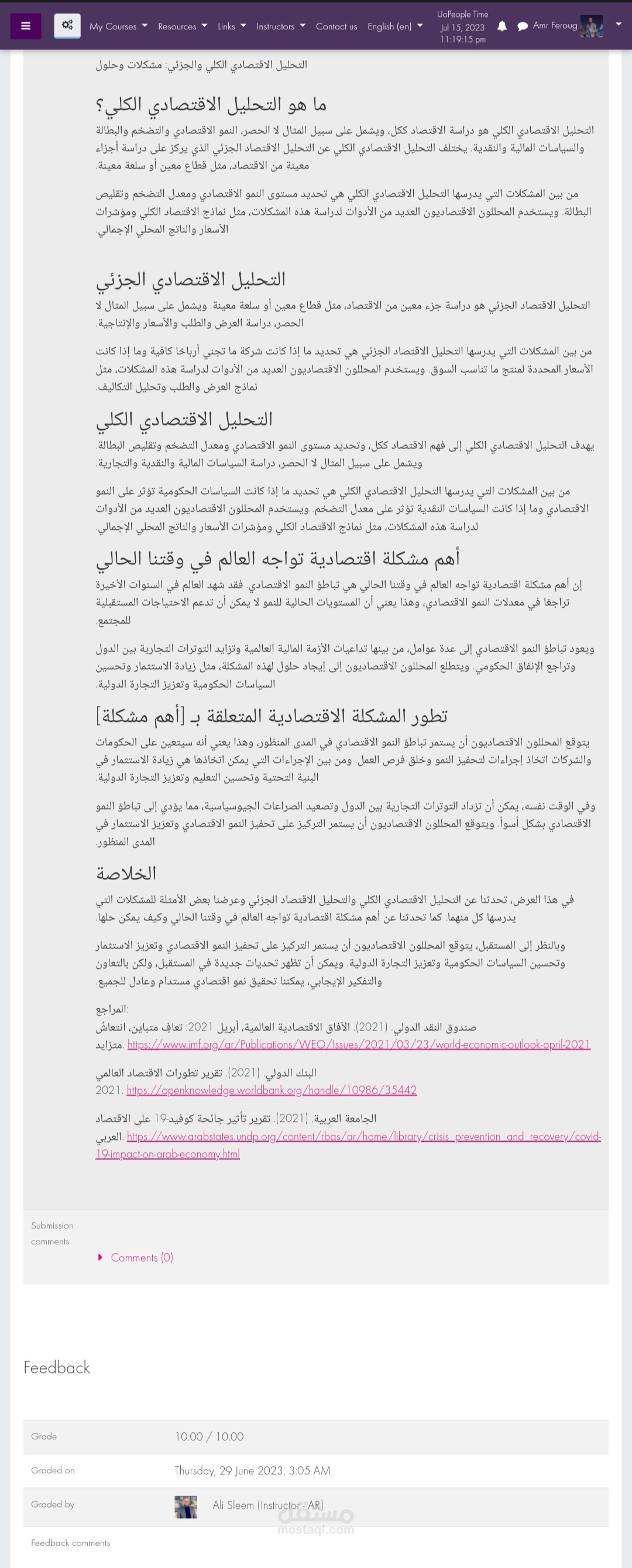 مقالتي عن التحليل الاقتصادي الكلي والجزئي وحصولي علي العلامة كاملة