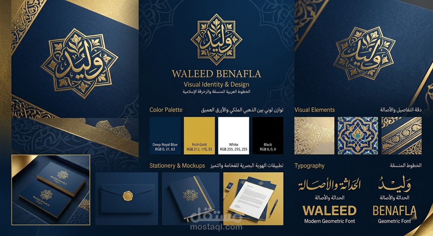 الهوية البصرية (الذهبي والأزرق).