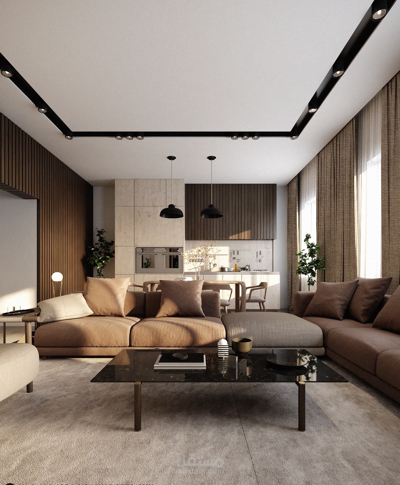 تصميم وديكور لغرففة معيشة مع مطبخ مفنوح