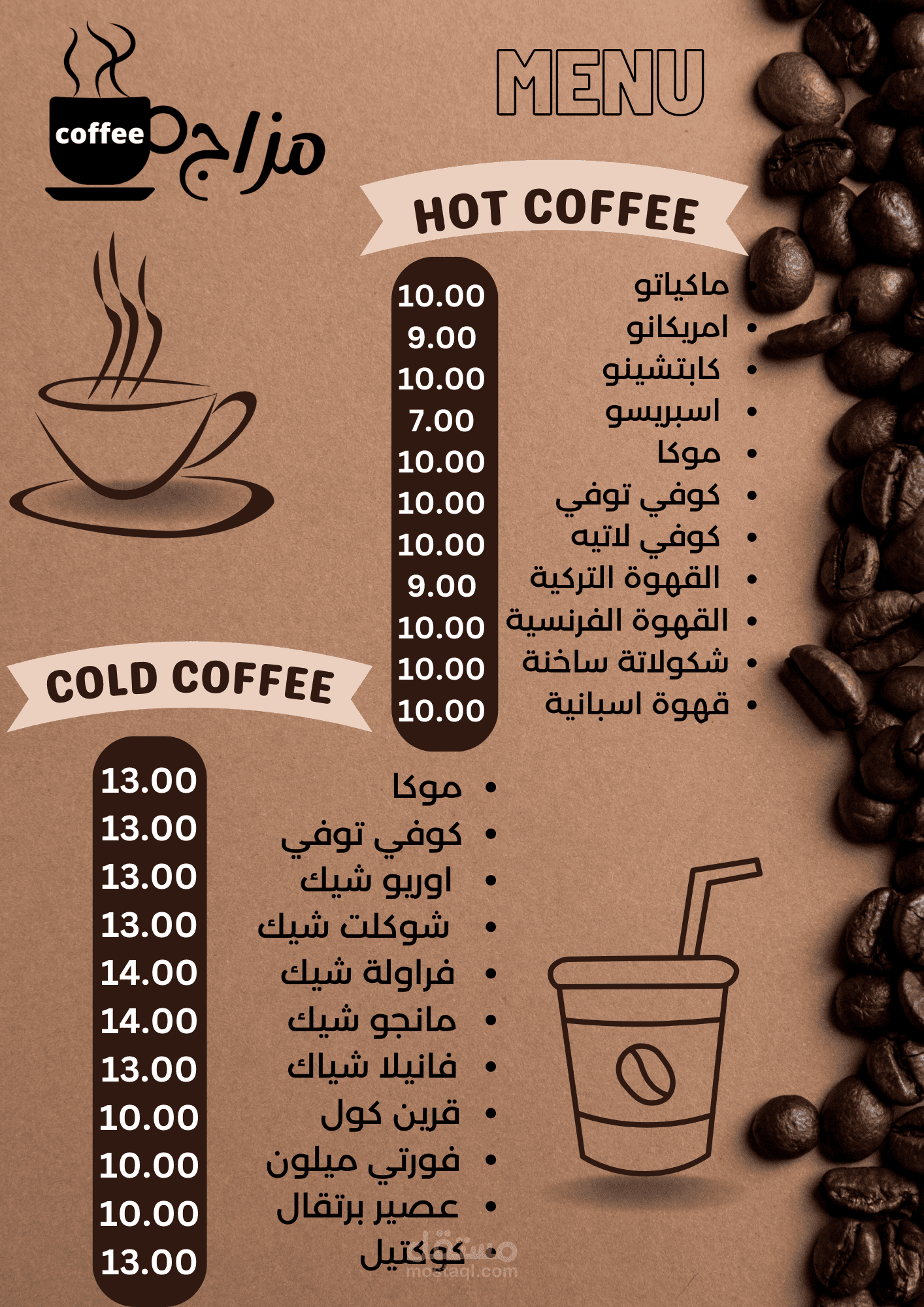 عمل منيو ل كافيه باسم مزاج