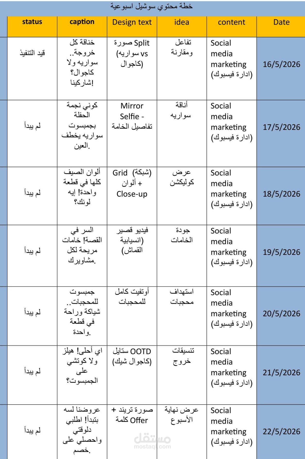 إدارة محتوى منصة فيسبوك ووضع خطة أسبوعية تفاعلية لبراند ملابس