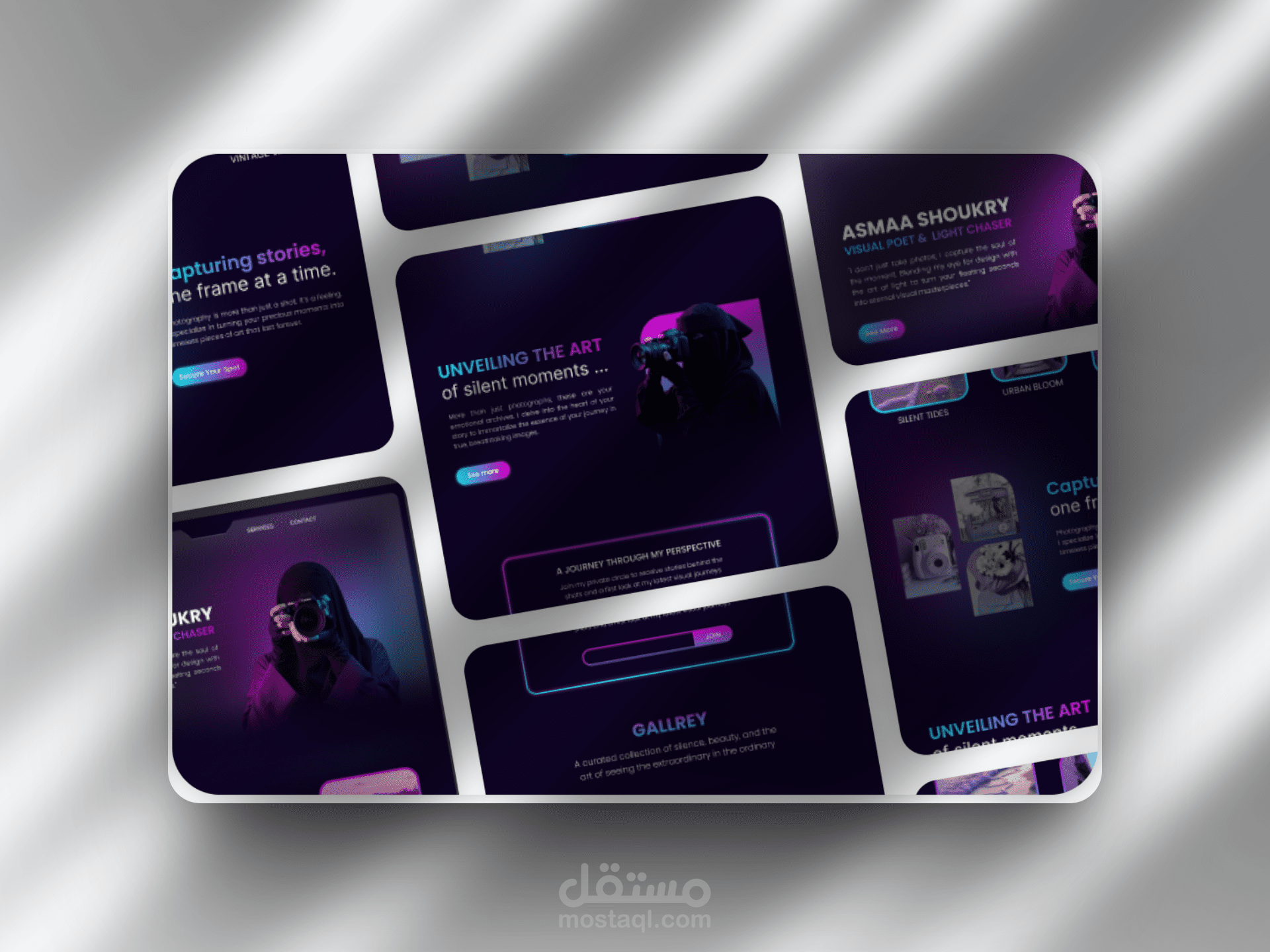 تصميم صفحة هبوط احترافية UI UX باستخدام Figma للهوية الشخصية مع إبراز معرض الأعمال الإبداعية وتجربة المستخدم التفاعلية.