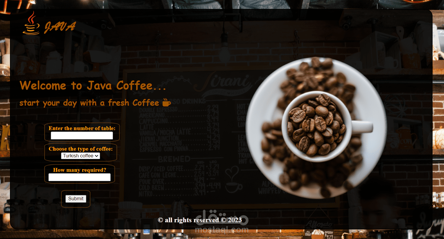 تصميم موقع مكون من صفحه واحده لسلسة caffee جافا