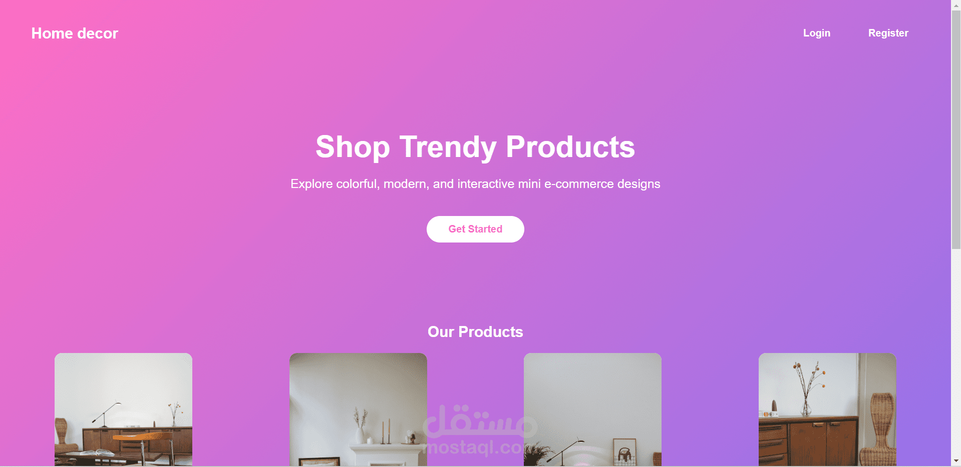 موقع Home Decor بسيط يحتوي على تسجيل دخول وعرض منتجات