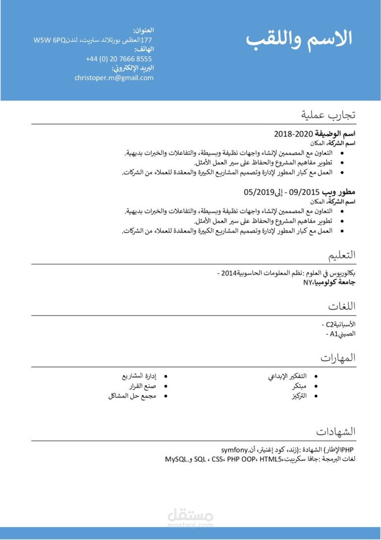 انشاء سيرة ذاتية احترافية باللغة العربية