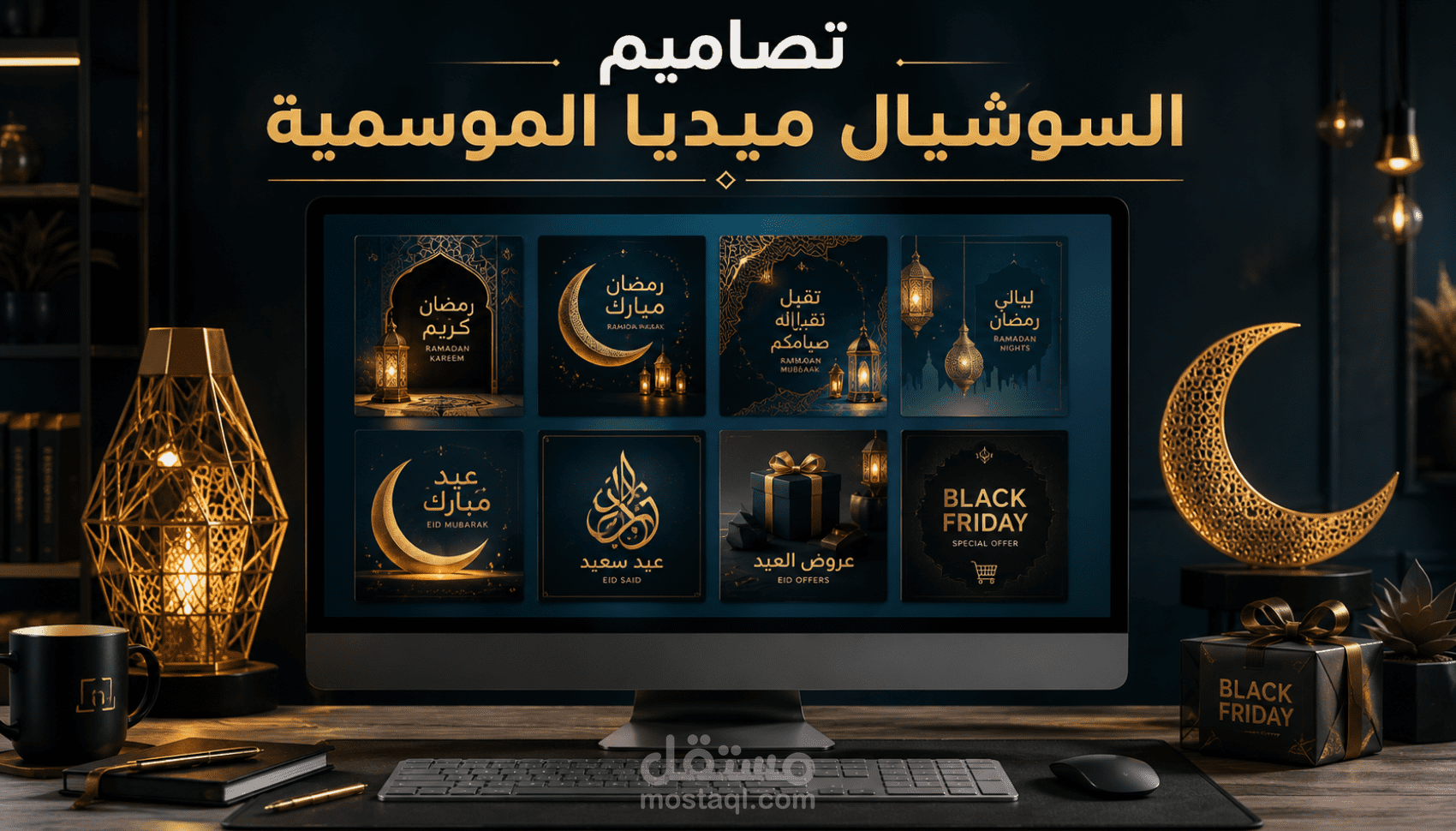 تصميم بوستات سوشيال ميديا للمناسبات والمواسم بطابع فخم