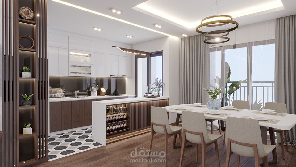 تصميم غرفة معيشة و مطبخ فى منزل بالسعودية العربية