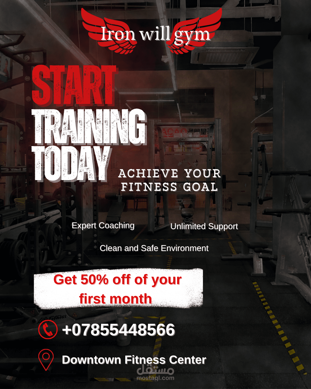 تصميم إعلان تسويقي لـ "Iron Will Gym" (بوستر إعلاني)