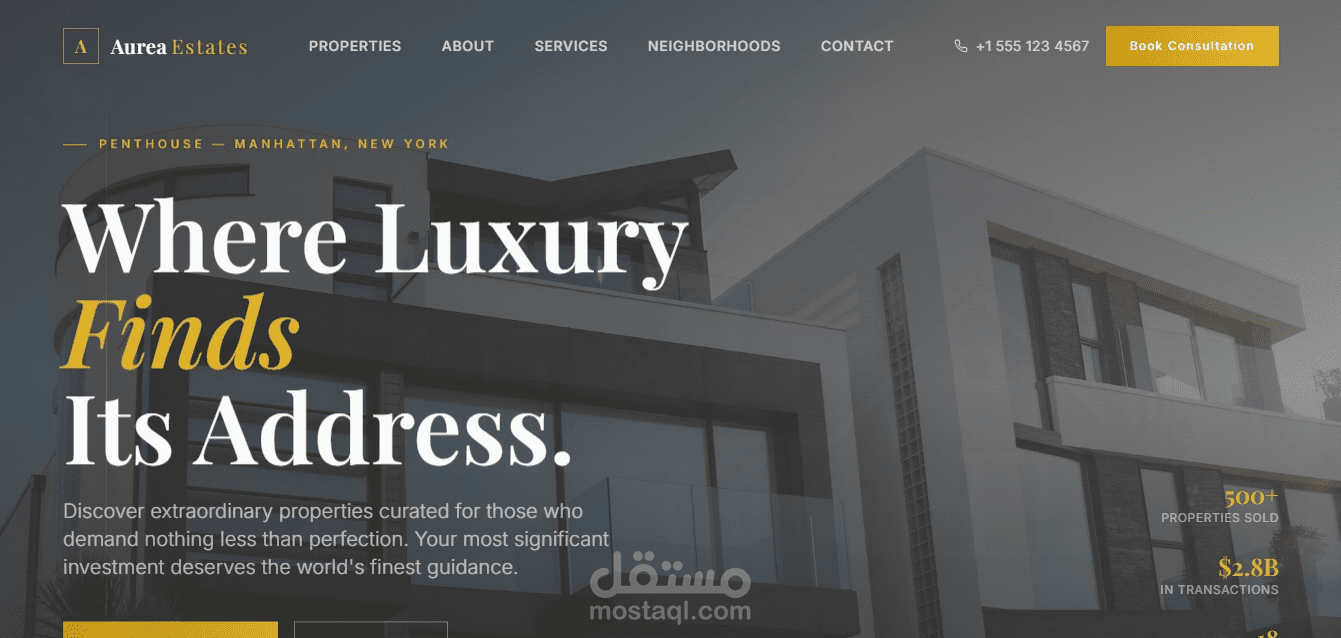 تصميم وتطوير موقع عقاري فاخر لوكالة Aurea Estates