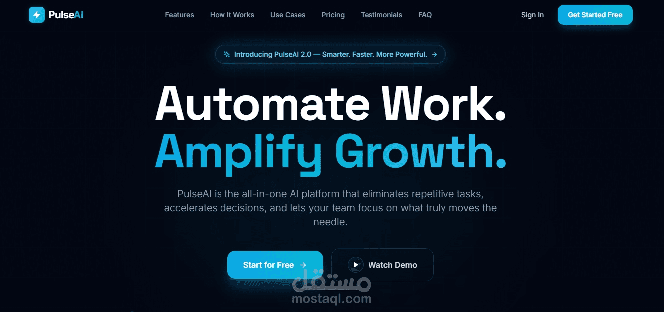 تصميم وتطوير موقع SaaS عصري لمنصة PulseAI