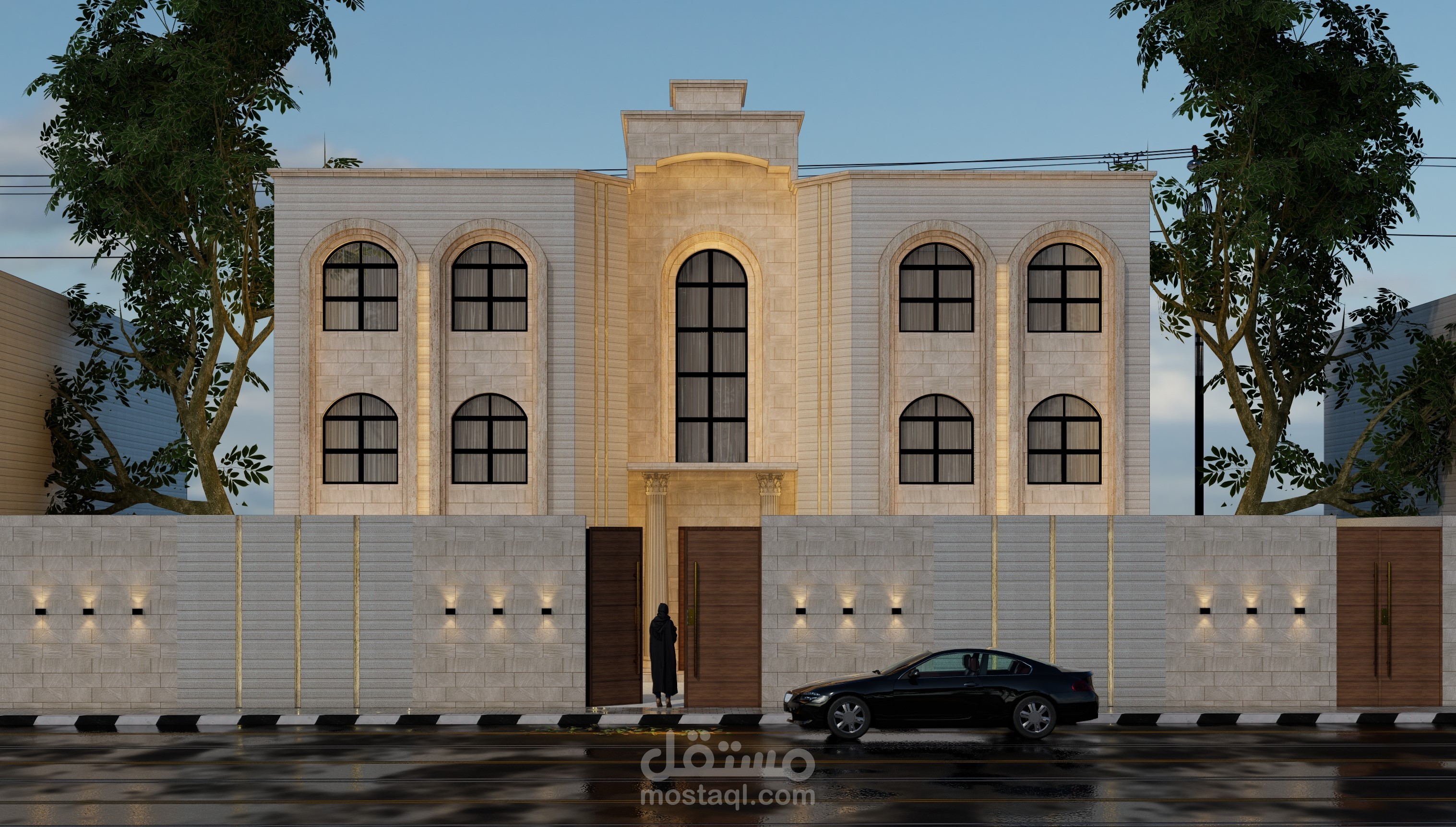 تصميم واجهة فيلا على الطراز الكلاسيكي باستخدام الحجر والرخام في السعودية