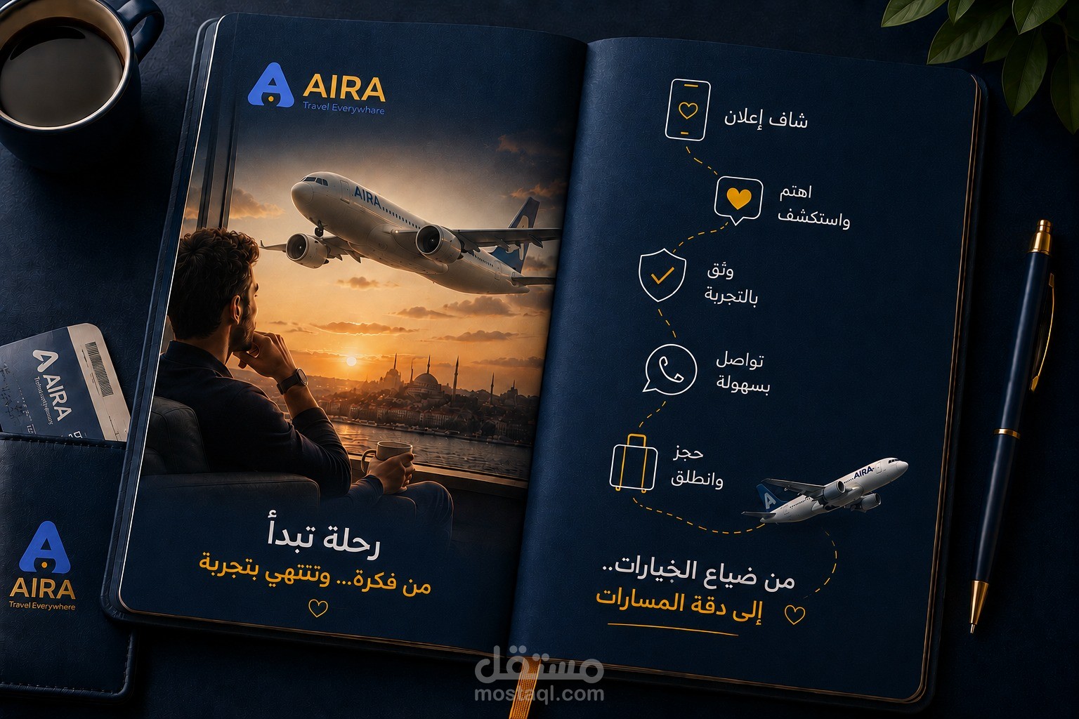 تصميم علامة تجارية كاملة لشركةAira للسياحة والسفر (شعار + هوية + سوشيال ميديا)
