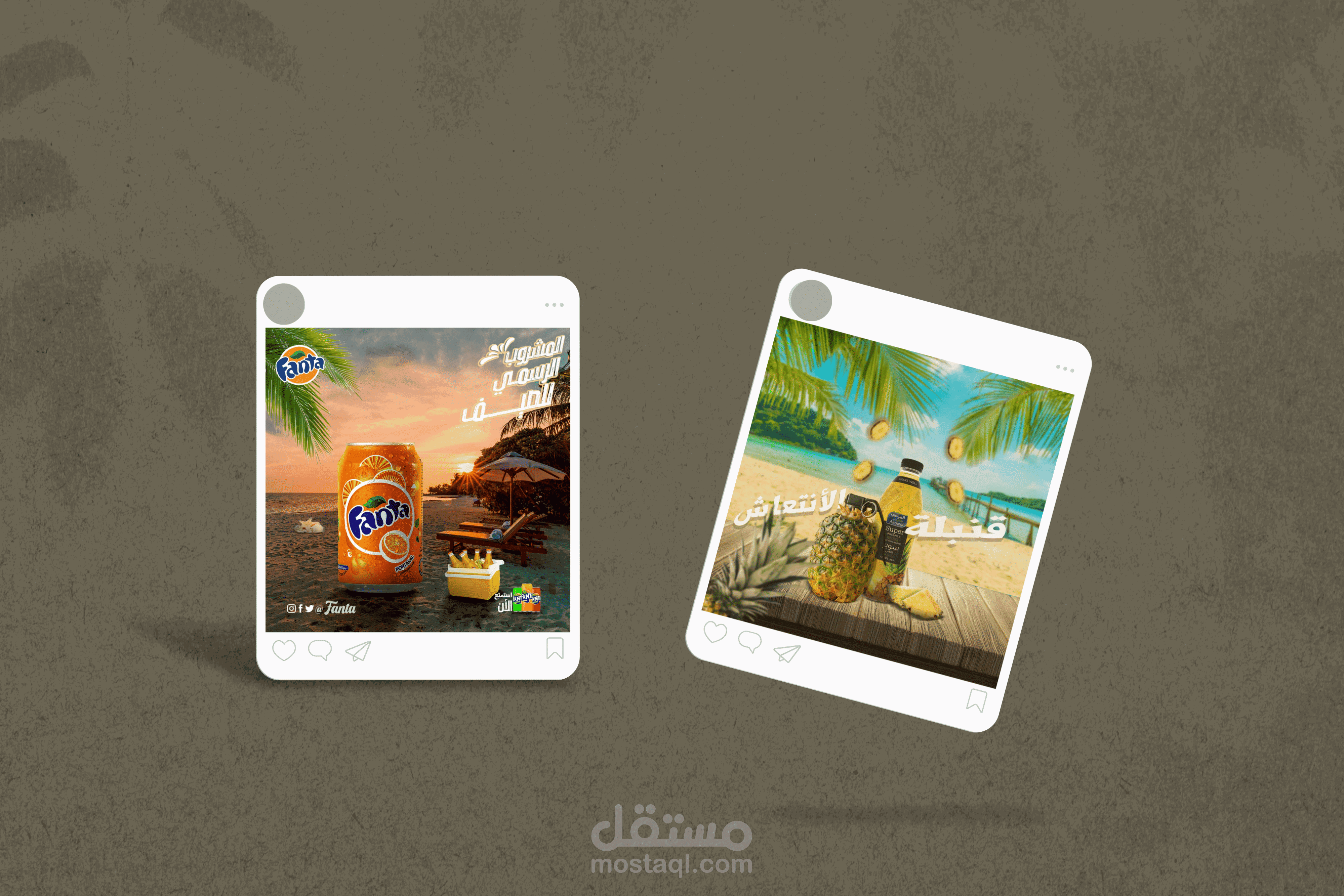 تصميم منشورات سوشيال ميديا إعلانية لمنتجات المشروبات بأسلوب صيفي احترافي