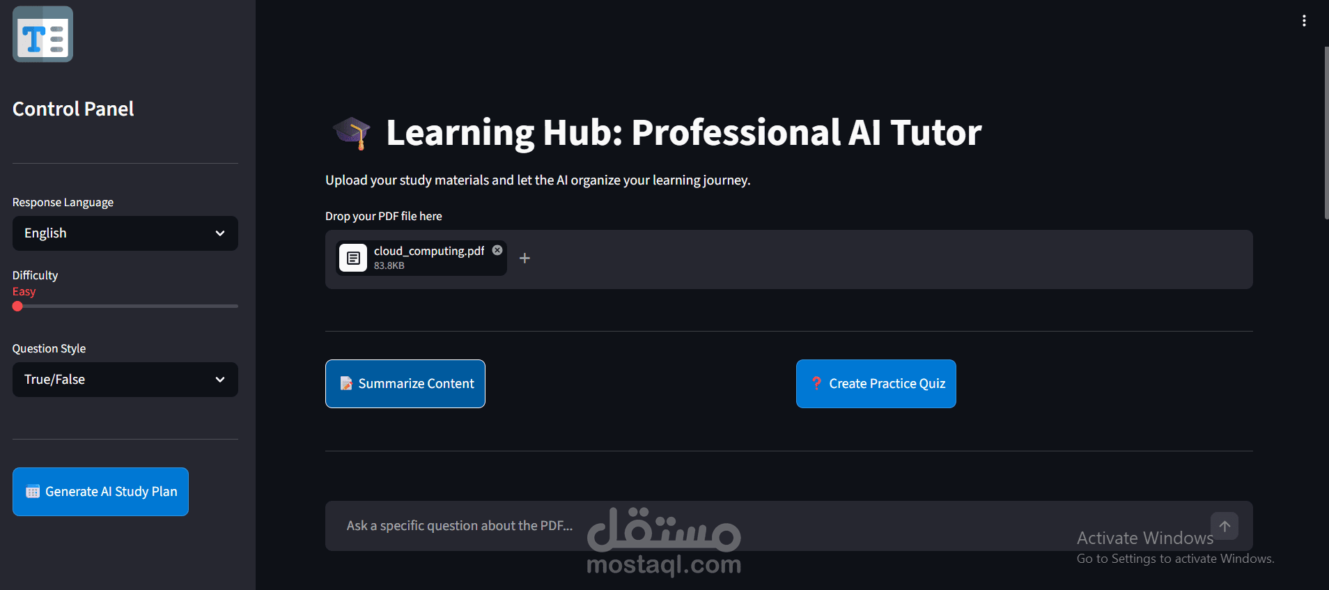 منصة التعليم الذكي وتلخيص الملفات بالذكاء الاصطناعي السحابي (Learning Hub: Professional AI Tutor)
