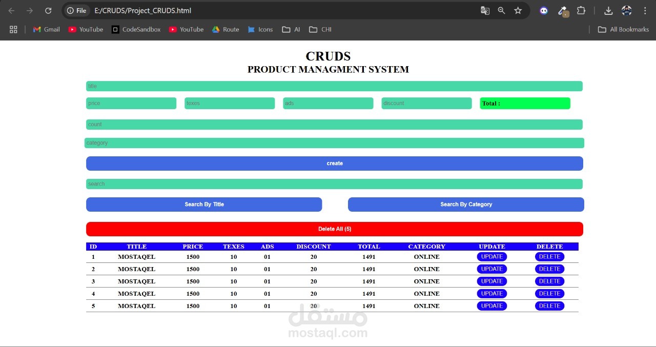 CRUD System with HTML, CSS, JavaScript & LocalStorage