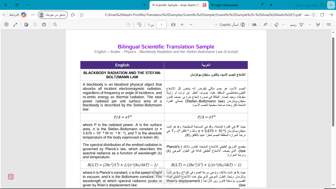 ترجمة علمية ثنائية اللغة - إشعاع الجسم الأسود وقانون ستيفان-بولتزمان (فيزياء) من الإنجليزية إلى العربية