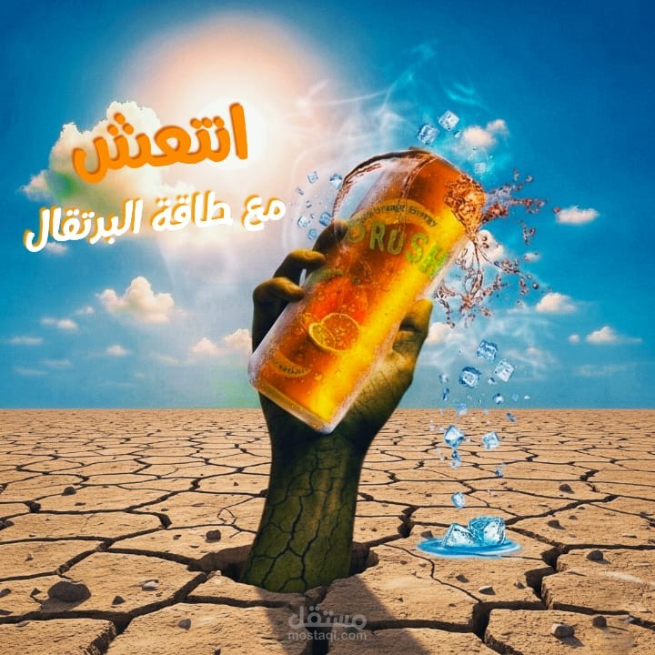 تصميم اشهار إنتعاشي تعبيري حول مشروب البرتقال