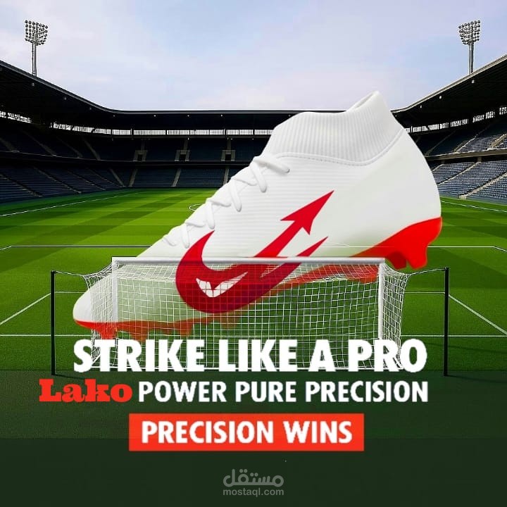 تصميم إشهاري لحذاء رياضي فوق أرضية الملعب