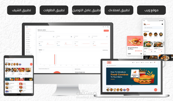 منصة مطعم متكامل للطلبات الداخلية والخارجية موقع ويب مع أربع تطبيقات