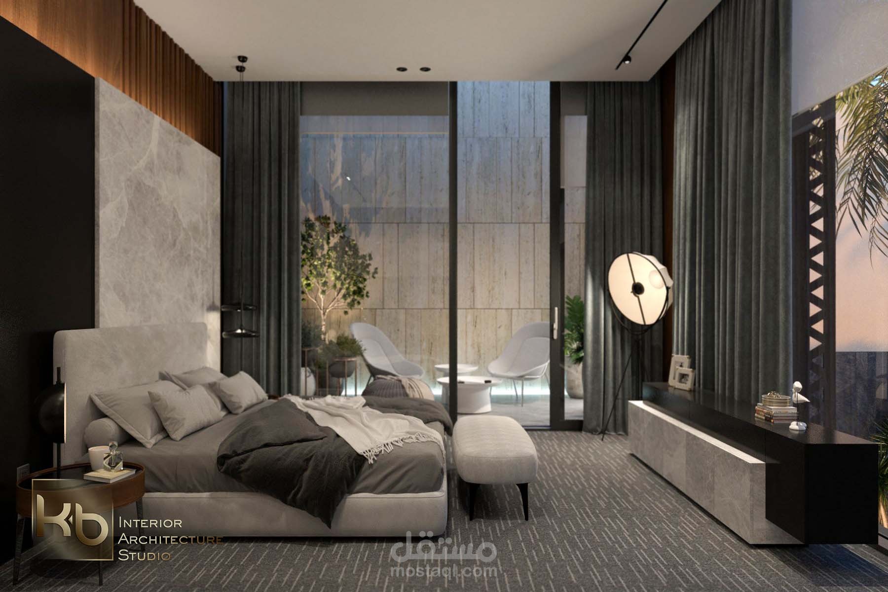 تصميم داخلي لغرفة لغرفة نوم رئيسية في فيلا بطراز مودرن