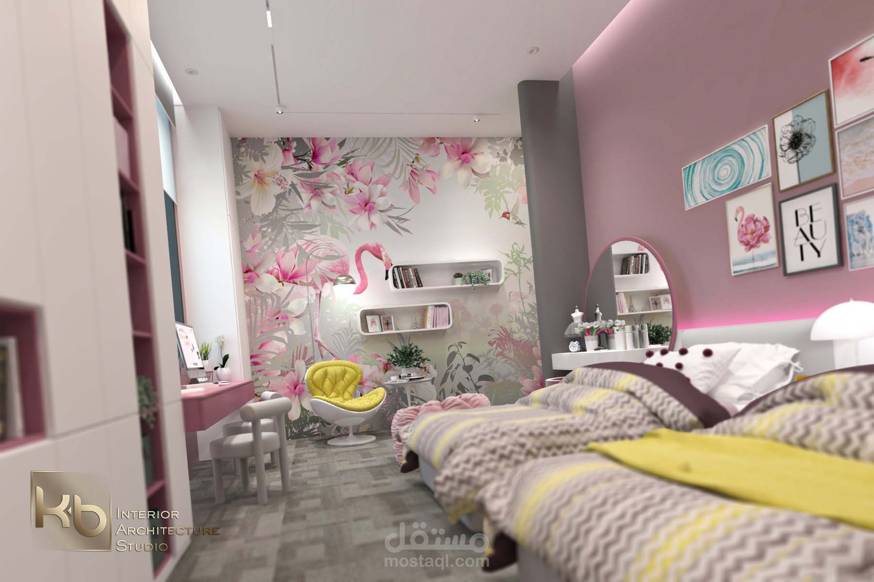 تصميم داخلي لغرفة نوم فتيات في فيلا
