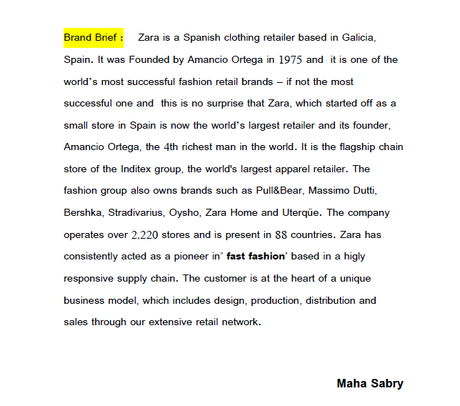 Brand Brief for ZARA as an academic research